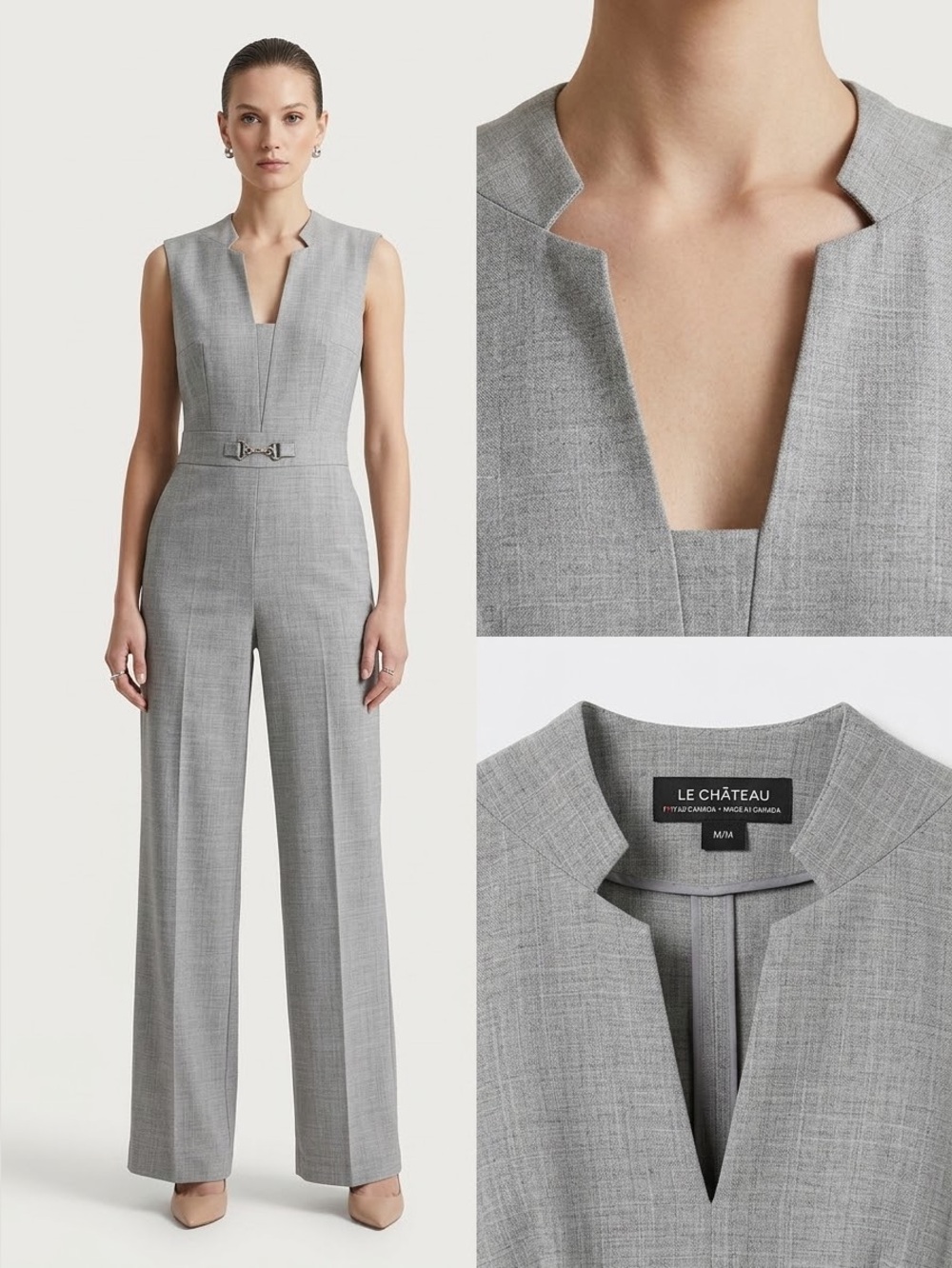 le chateau Light Gray Sleeveless Notch-Neck Tailored Jumpsuit